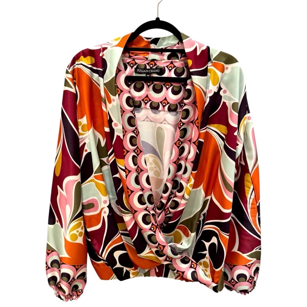Julian Chang Vibrant Patterned Drape Neck Multicolor Blouse